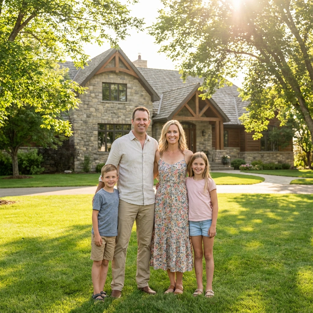 Family posing in front of house.