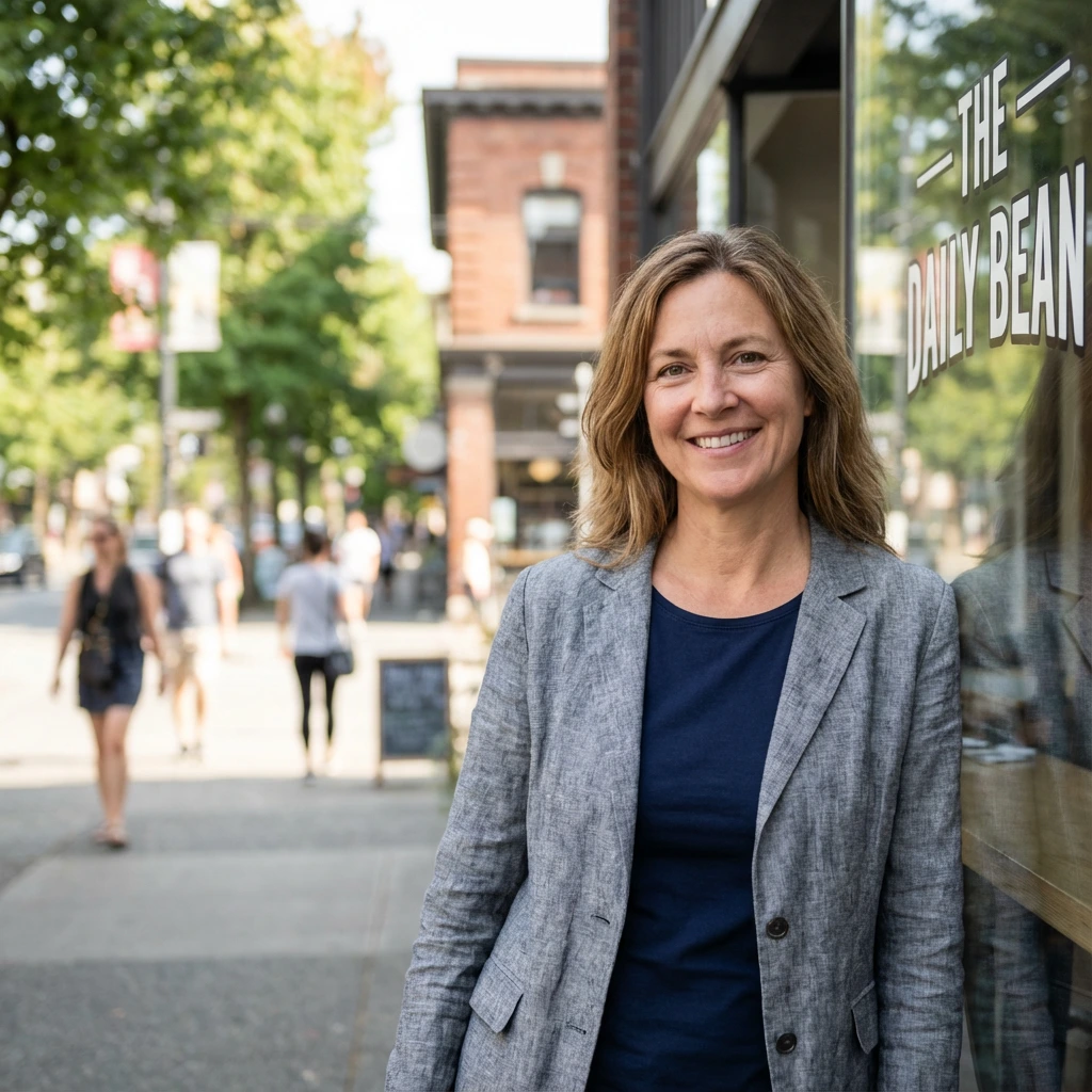 Local business owner standing at the entrance of their Canadian company