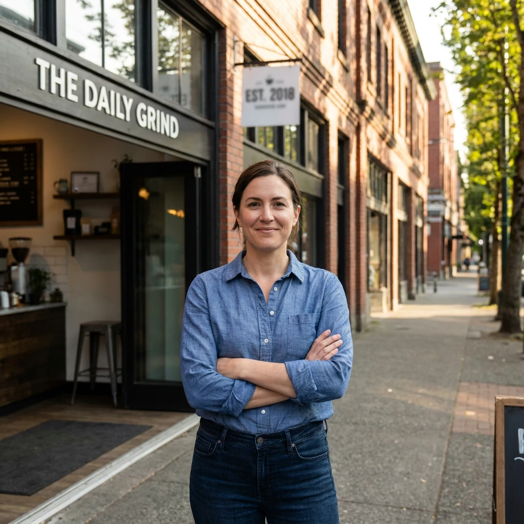 Small business owner in Canada posing in front of their workplace
