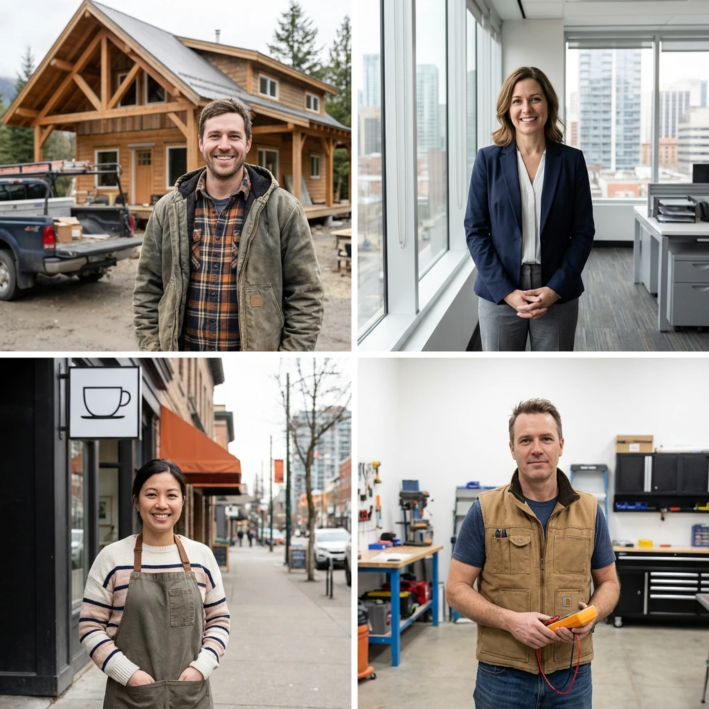 Self-employed business owner standing in front of their storefront in Canada