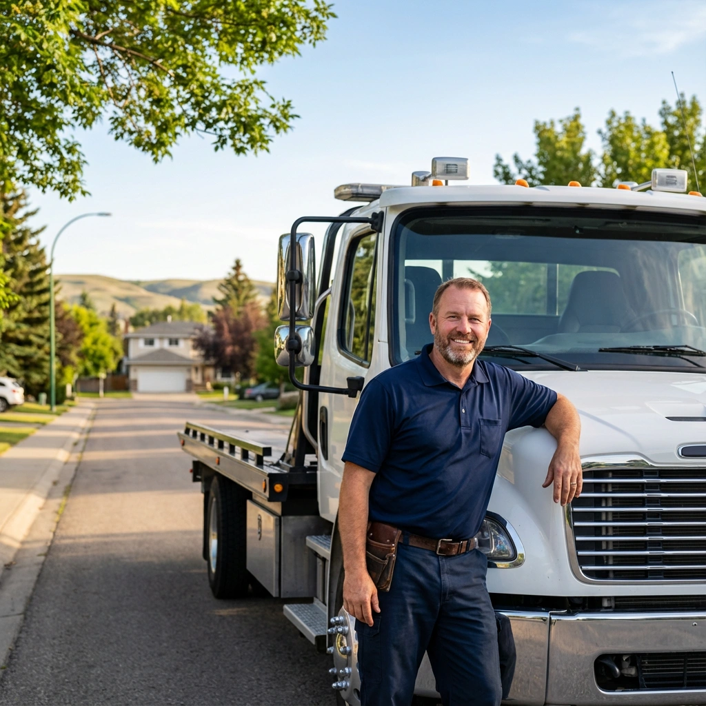 Man beside a tow truck outdoors.