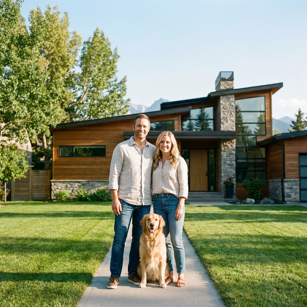 Family standing in front of modern house.