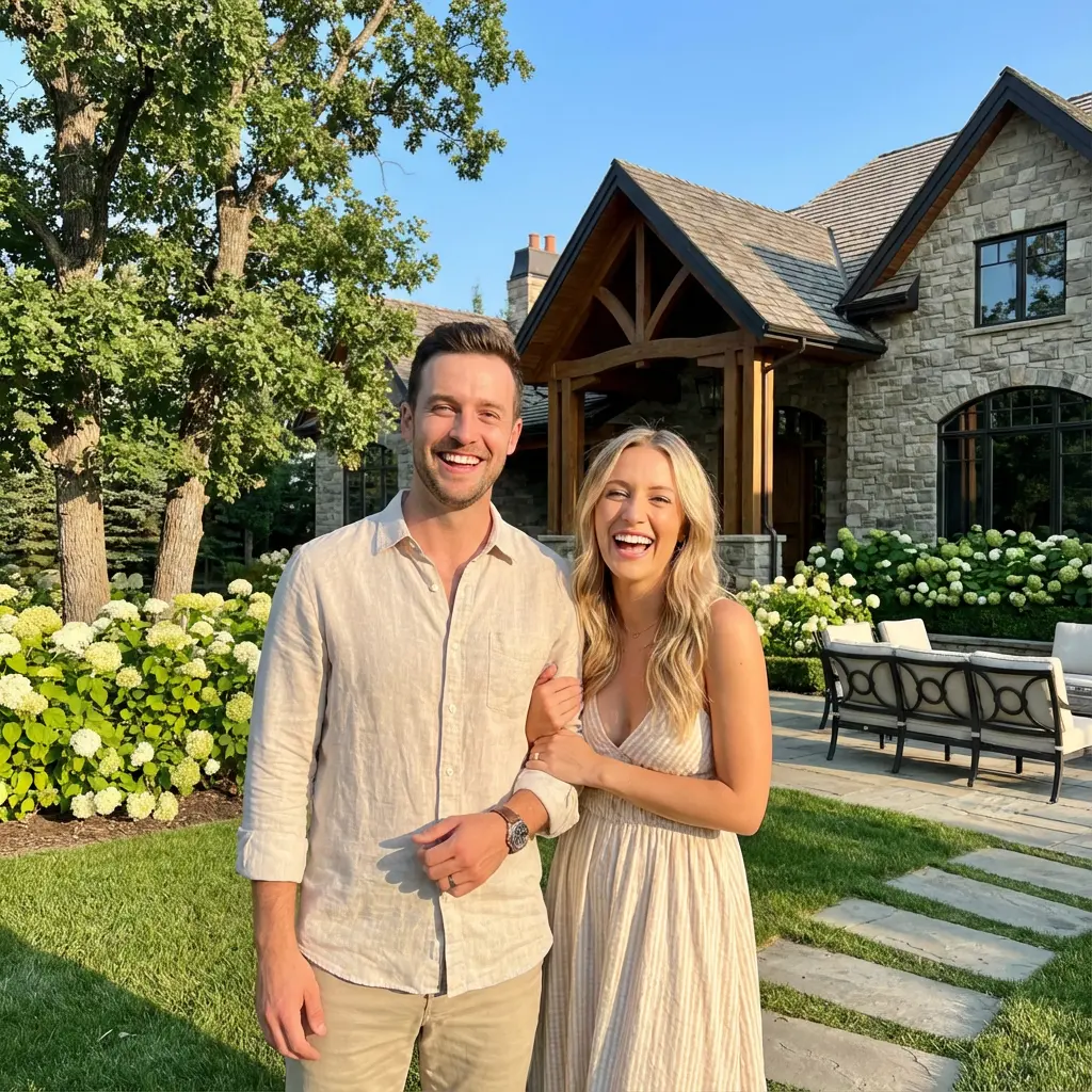 Couple enjoying a sunny garden setting.