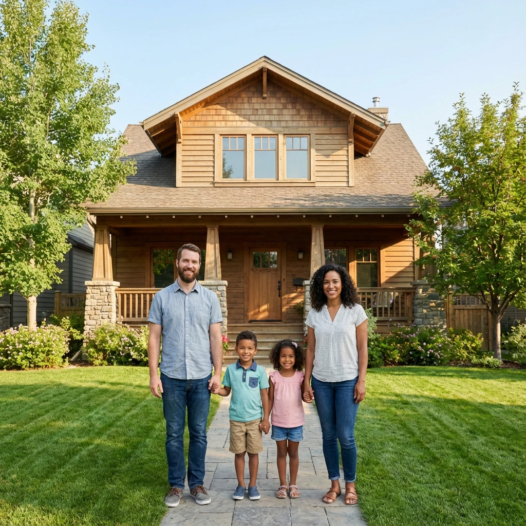 Family standing in front of house.