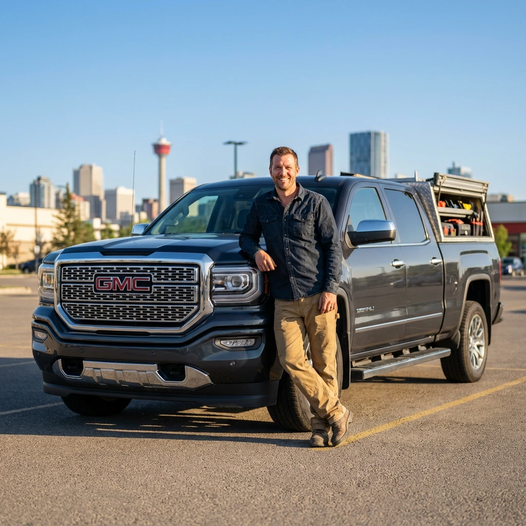 Plumber leaning against a GMC truck.