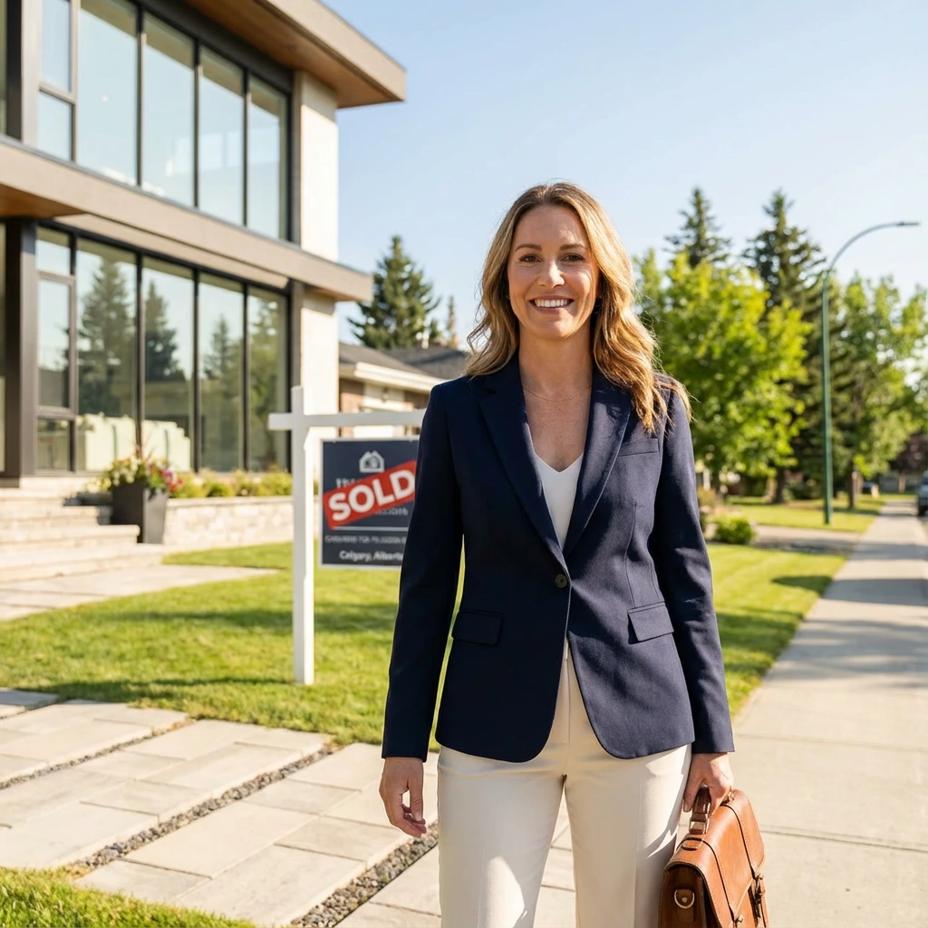 Real estate agent in front of house.