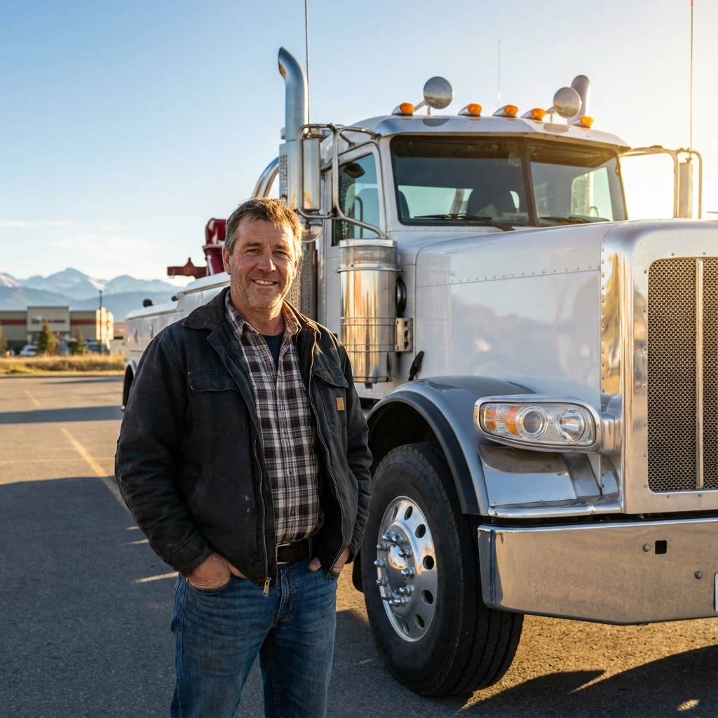 Tow truck driver beside large vehicle.