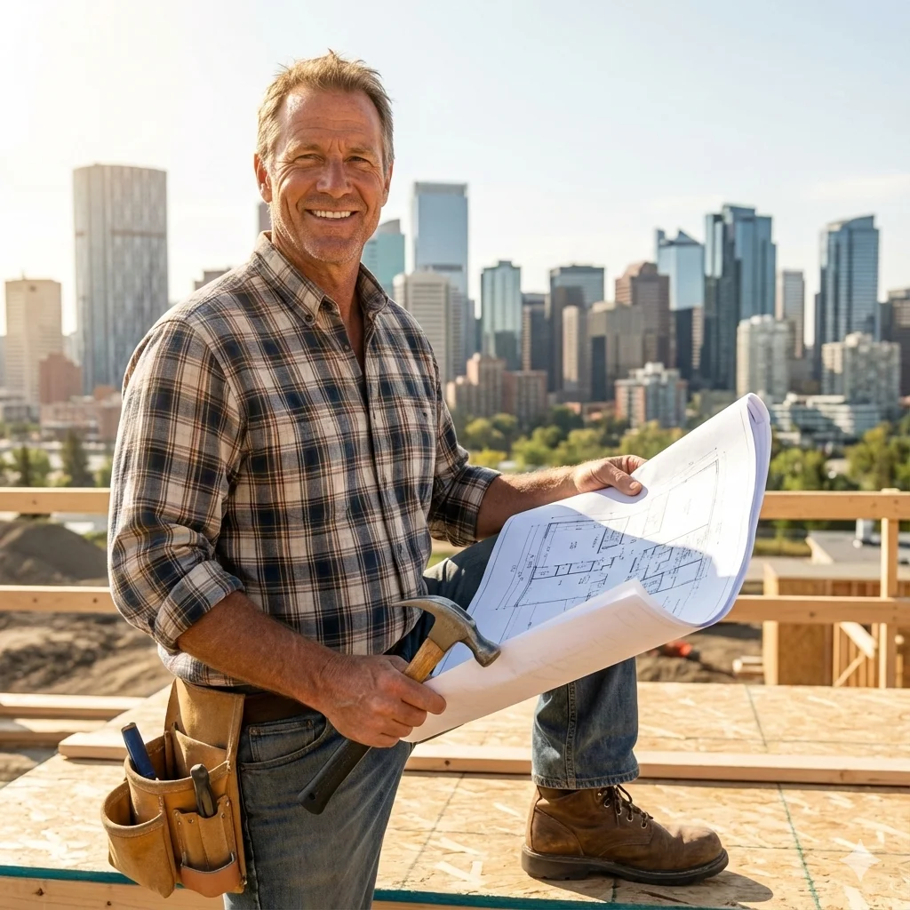 Construction worker with blueprints outdoors.