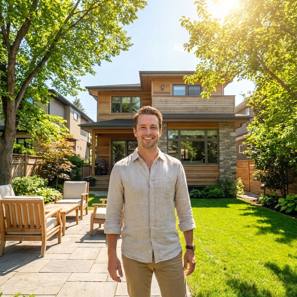 Self-Employed Business owner Infront of his new home