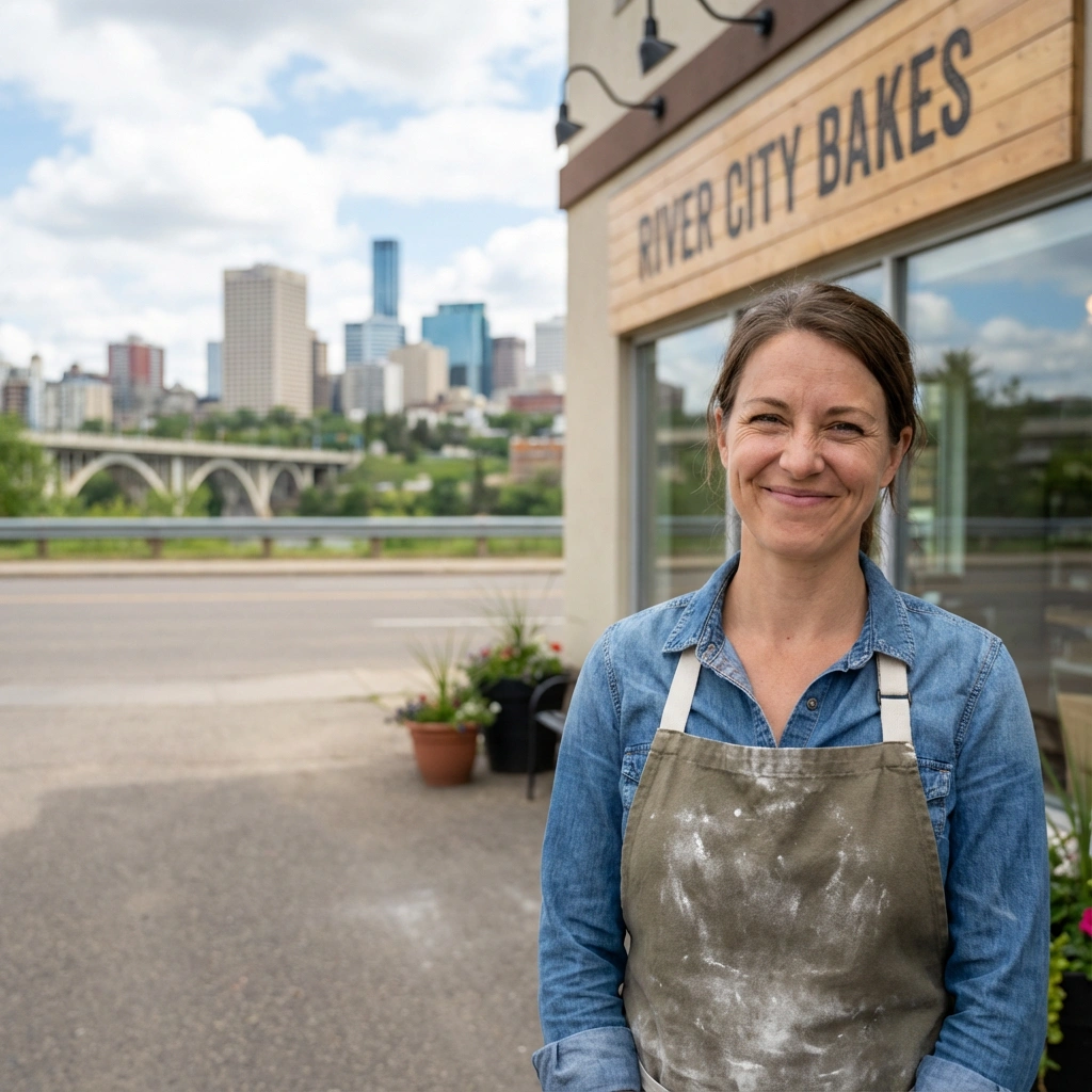 Baker outside River City Bakes.