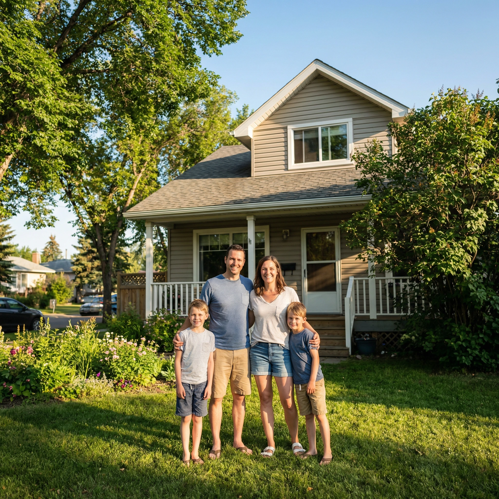 Edmonton family standing in front of their new home