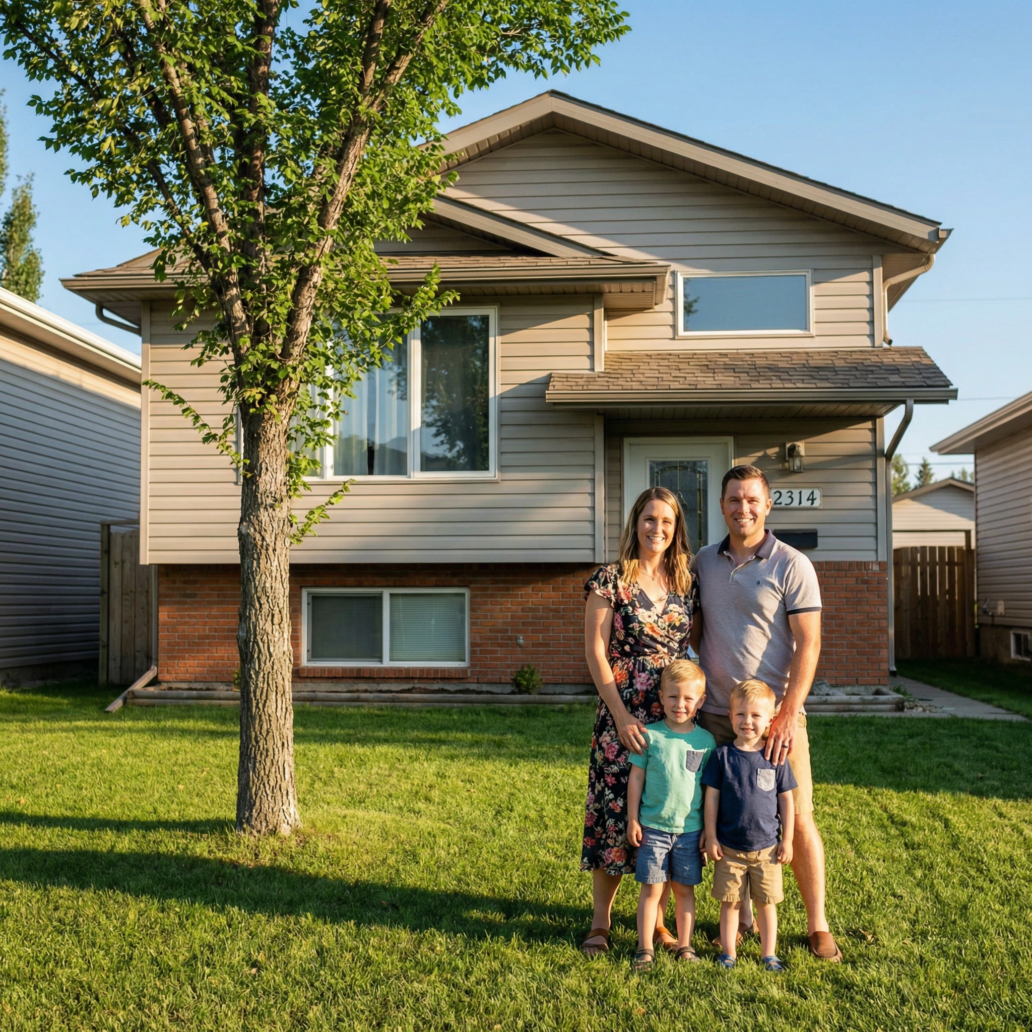 Family standing infront of their home in Red Deer Alberta