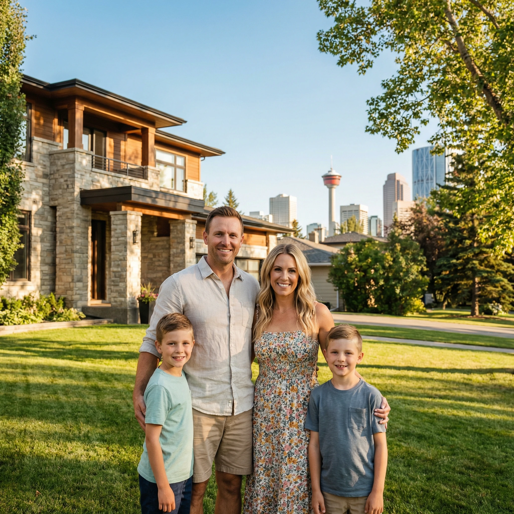 Family portrait in a sunny backyard in Calgary Alberta.