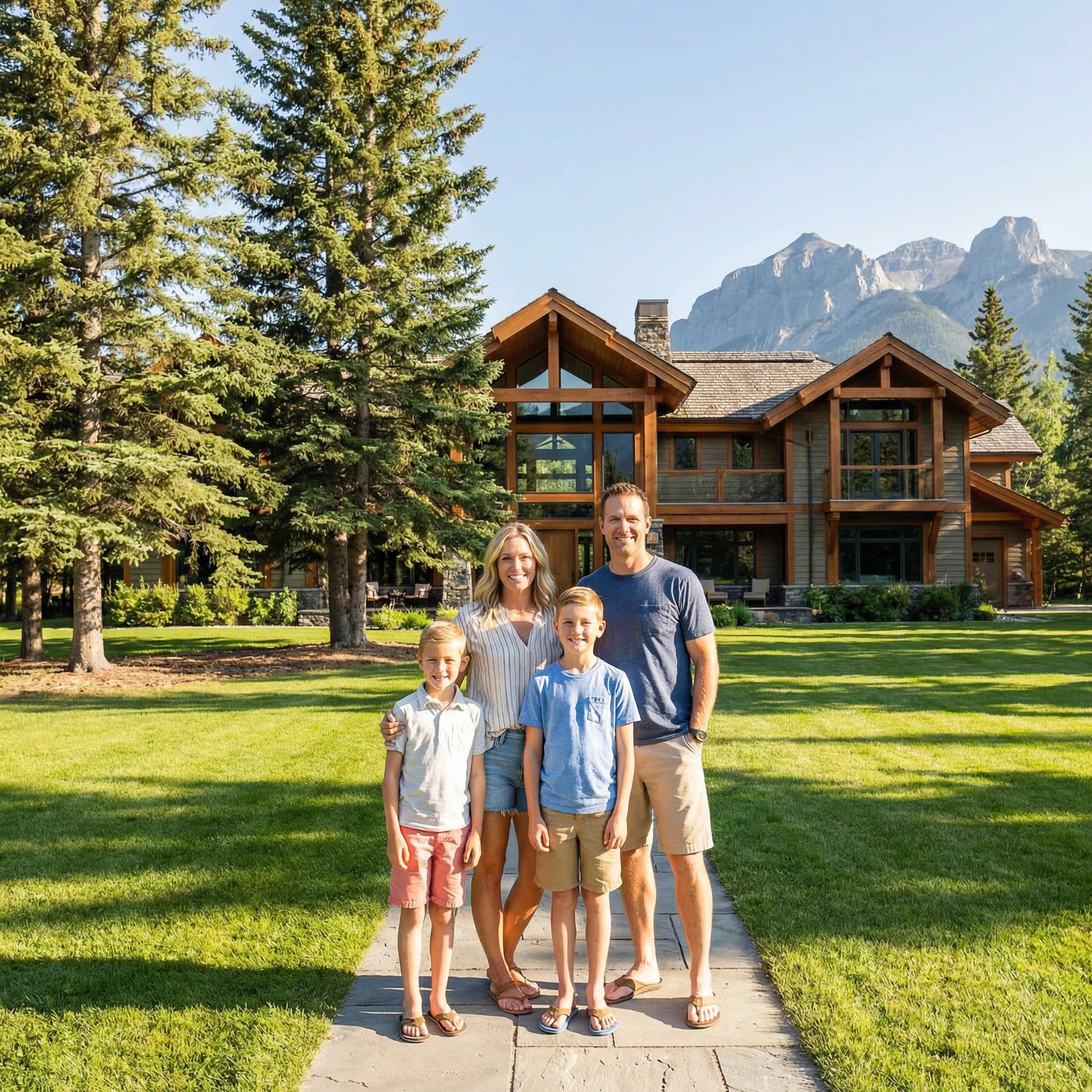 Family in front of a large house.