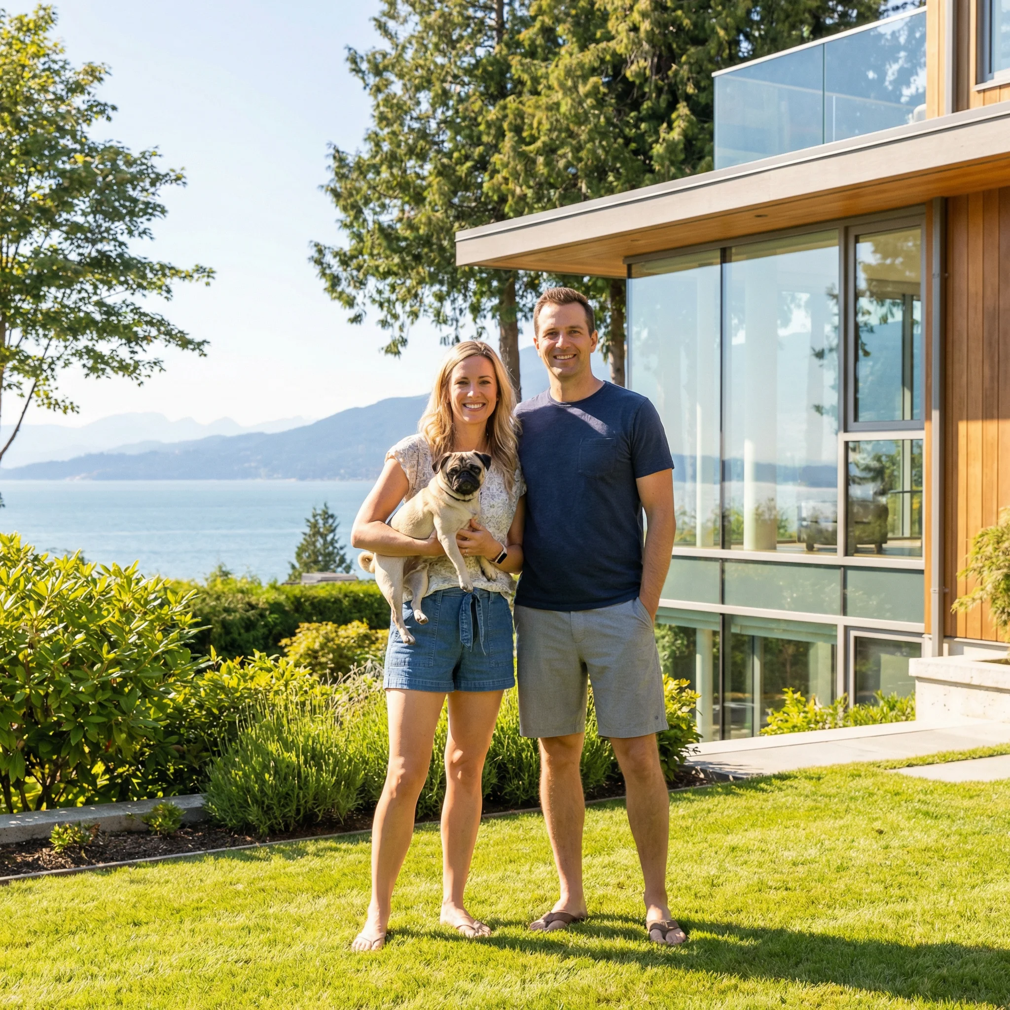 friendly family husband and wife with their pug dog friendly family husband and wife with their pug dog