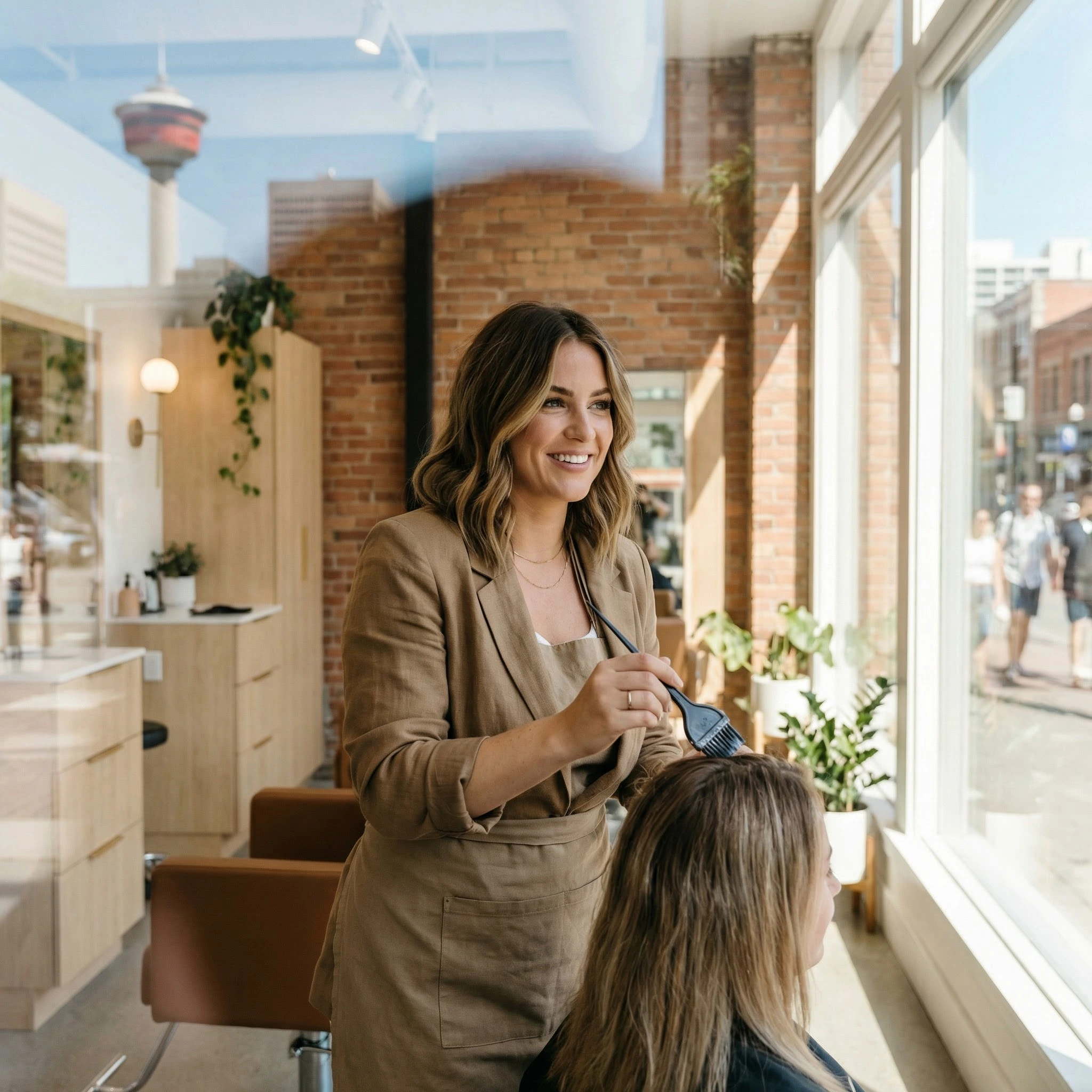 Hair salon in Calgary with stylist and client.