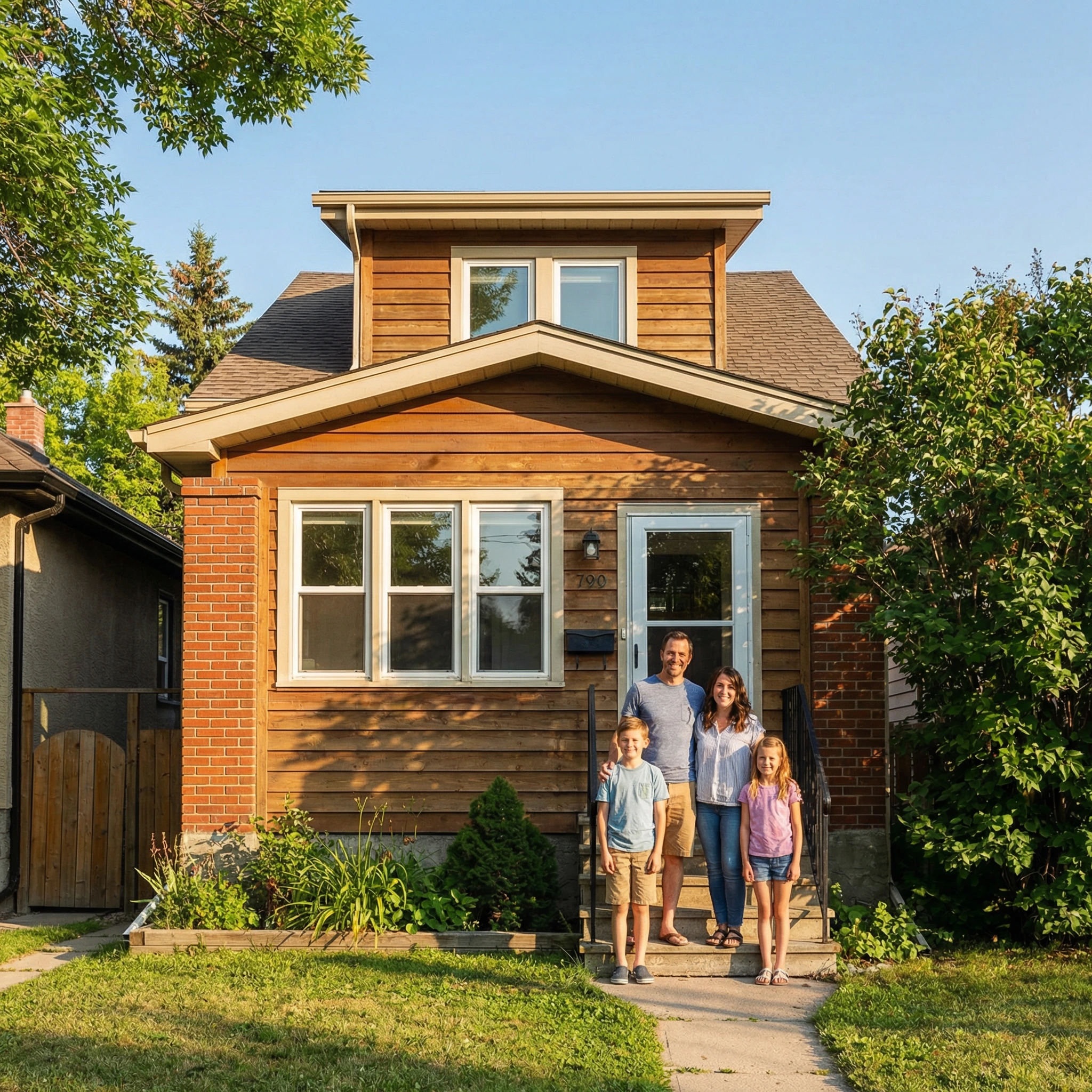 Family standing in front of house.