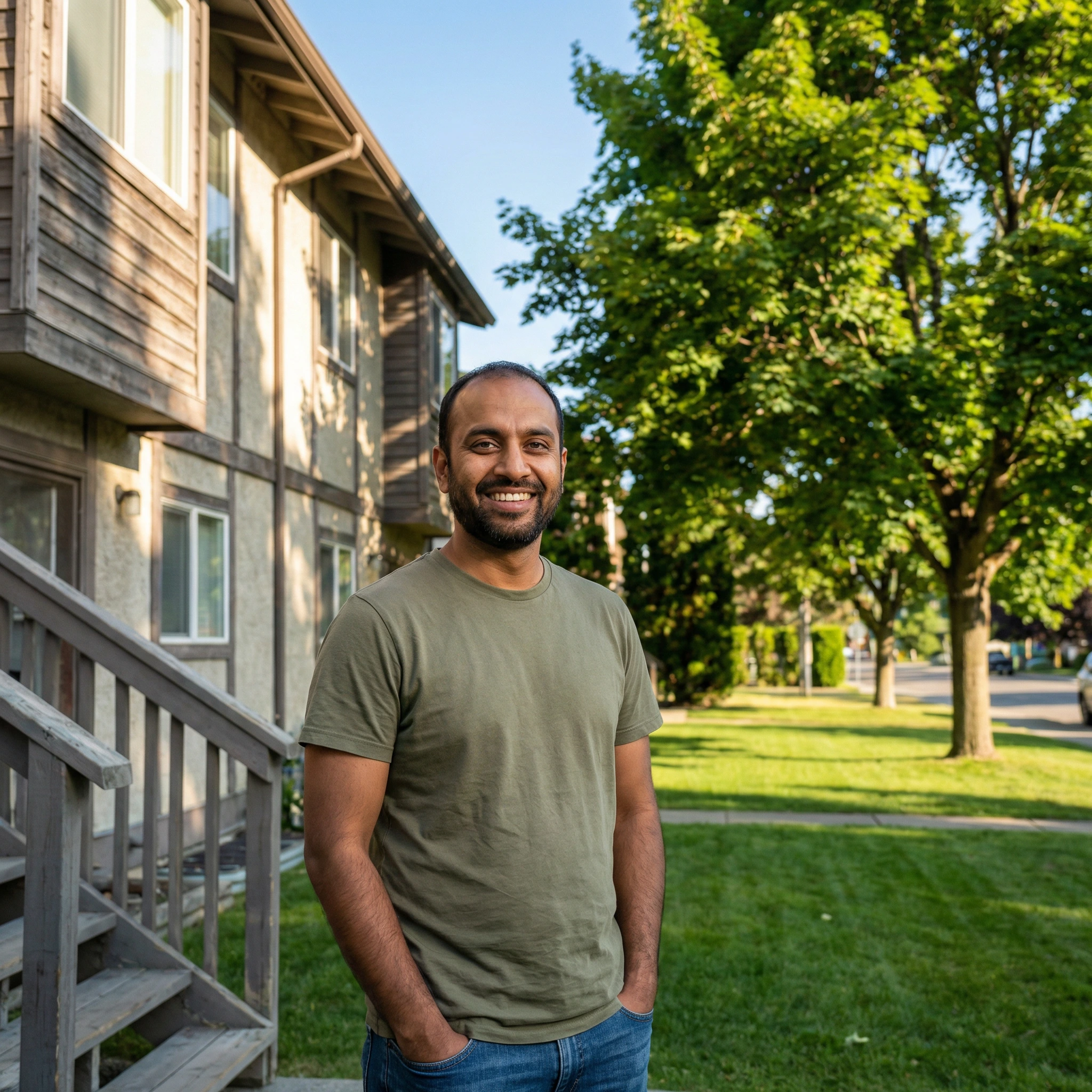 Man standing near apartment building outdoors.
