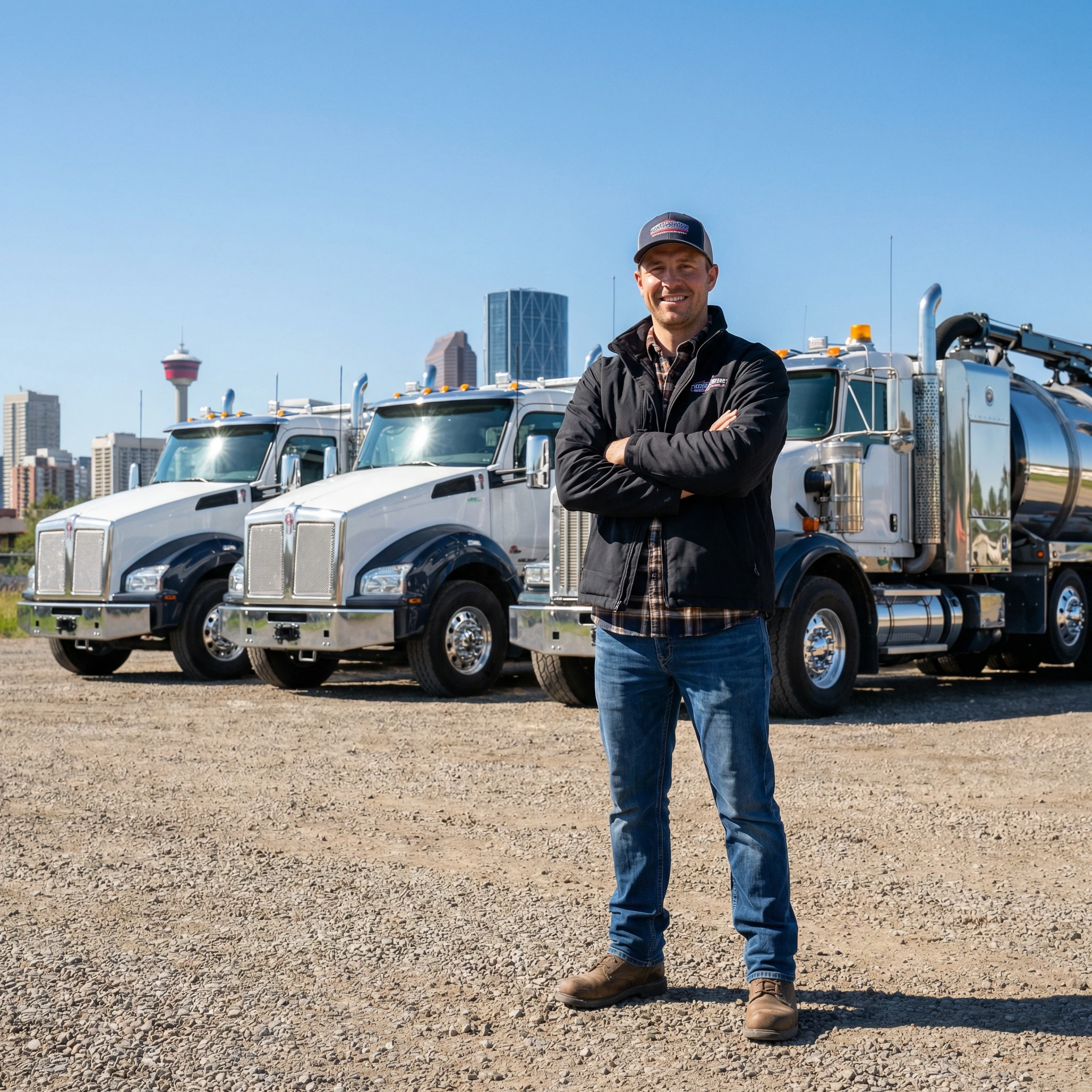 Business owner standing in front of HydroVac trucks in Calgary Alberta.