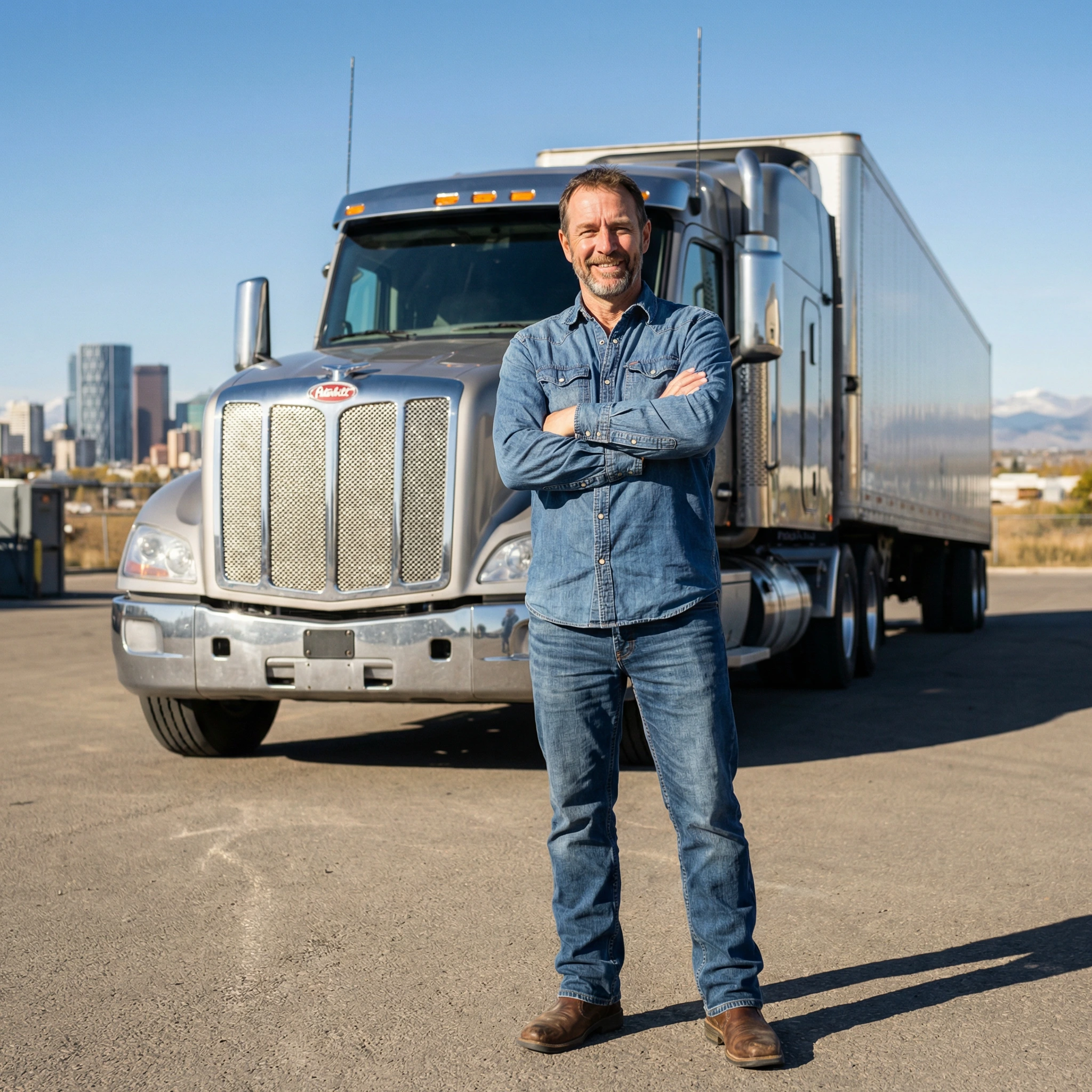 truck driver standing Infront of his truck and trailer