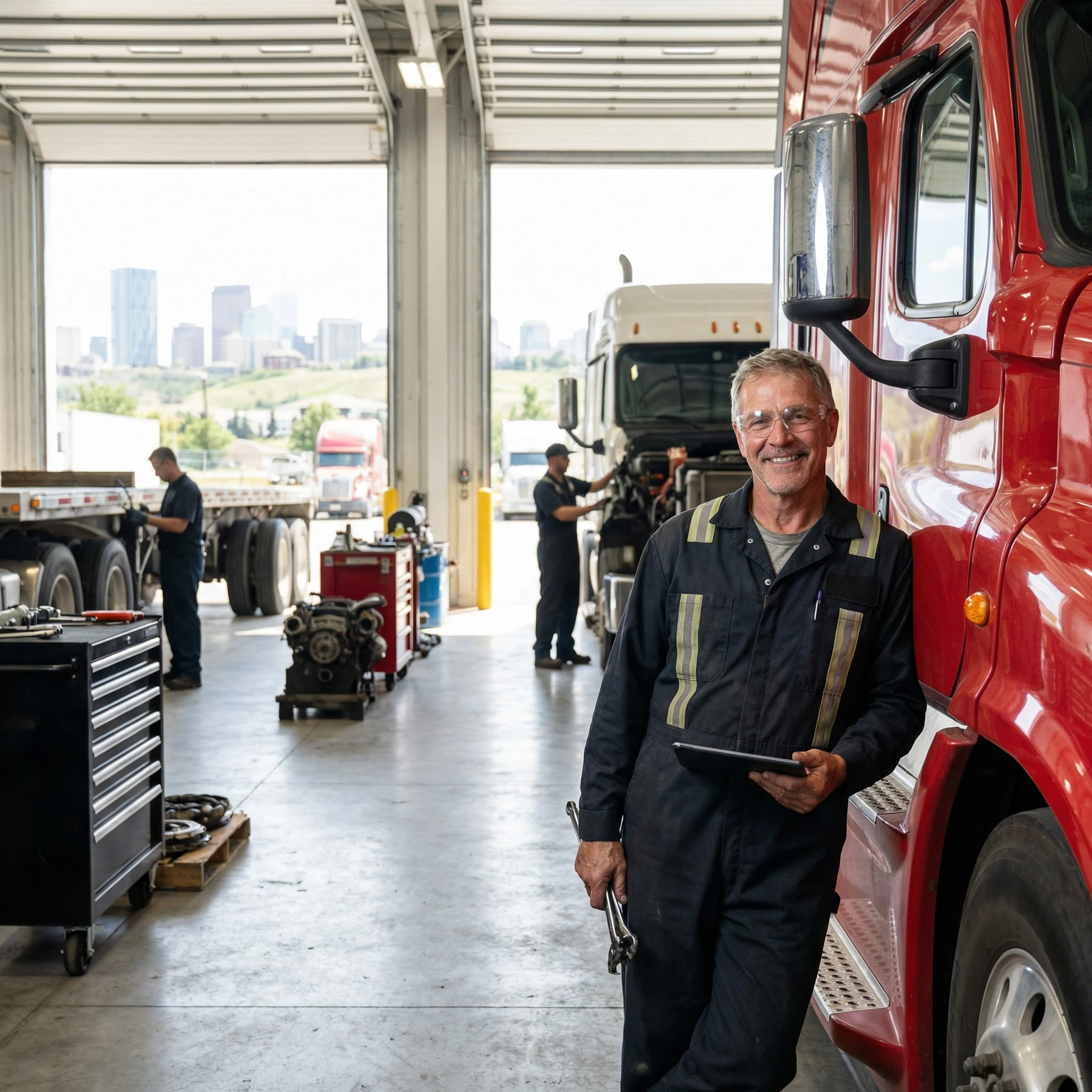 Heavy Duty Mechanic Business Owner repairing trucks in garage.