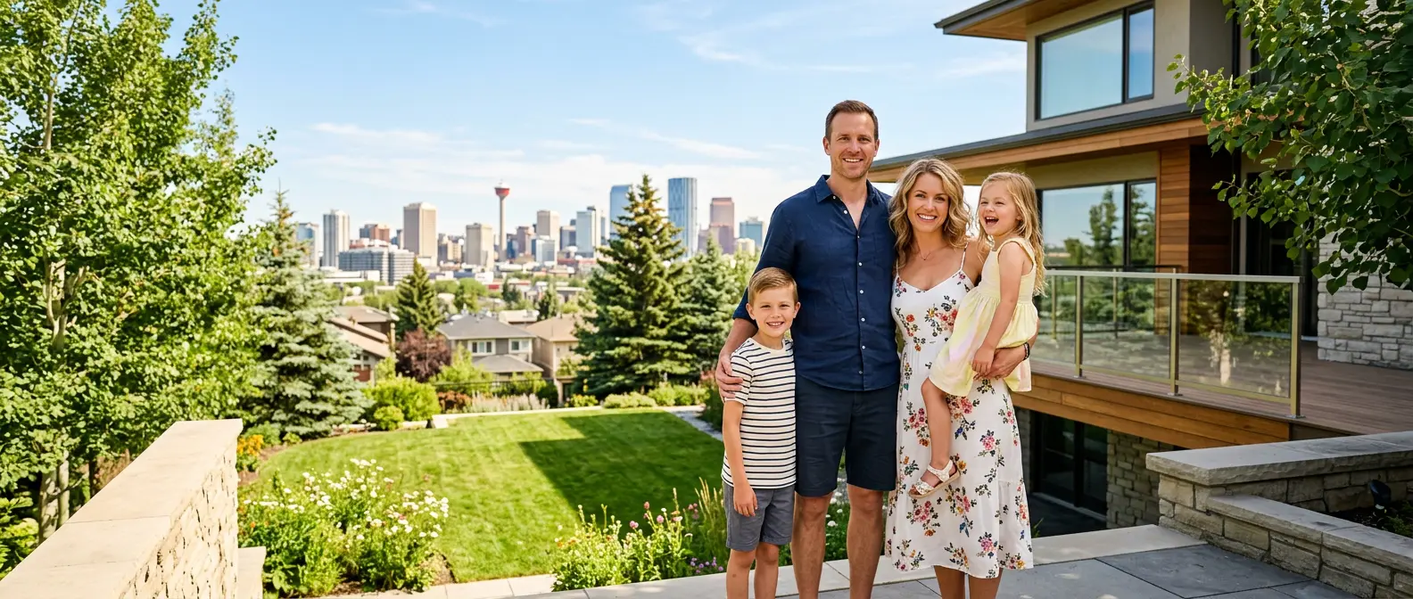 Family in front of their new home Family in front of their new home